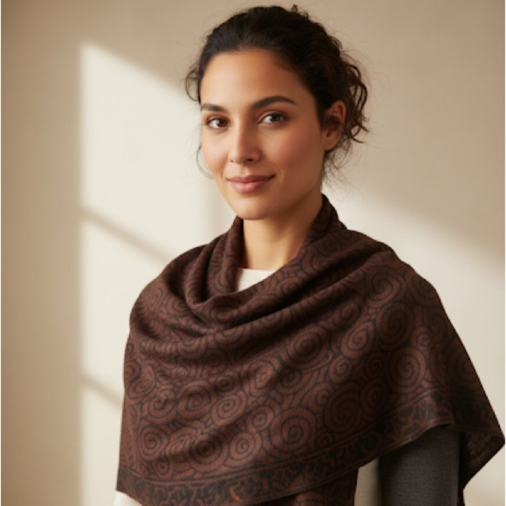 100% Pashmina Scarf Brown Spiral Swirl Wrap Shawl